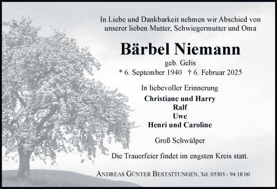 Traueranzeige von Bärbel Niemann 