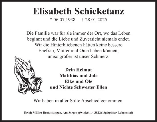 Traueranzeige von Elisabeth Schicketanz von Salzgitter-Zeitung