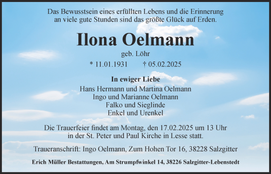 Traueranzeige von Ilona Oelmann von Salzgitter-Zeitung