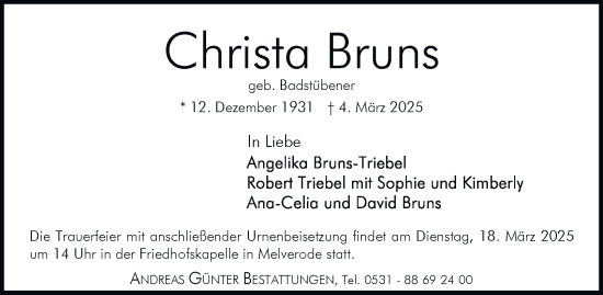 Traueranzeige von Christa Bruns 