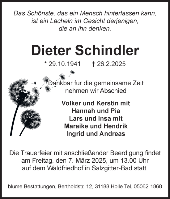 Traueranzeige von Dieter Schindler von Salzgitter-Zeitung