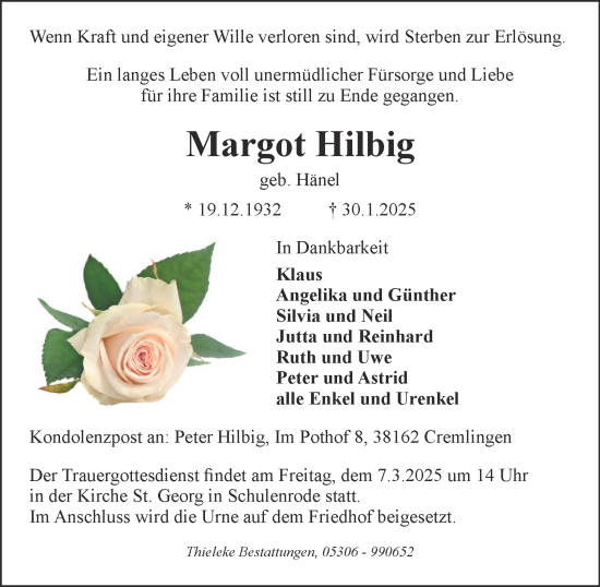 Traueranzeige von Margot Hilbig von Wolfenbütteler Zeitung