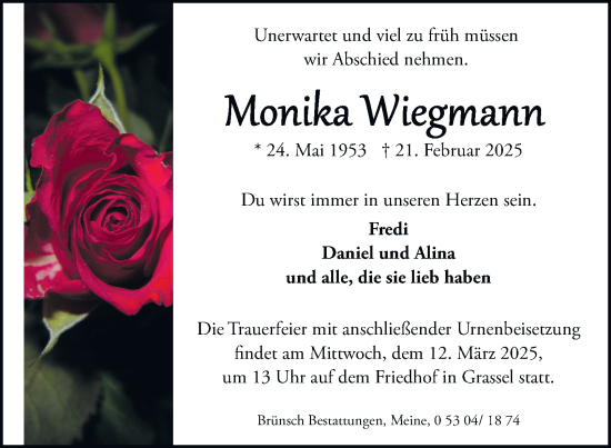 Traueranzeige von Monika Wiegmann 